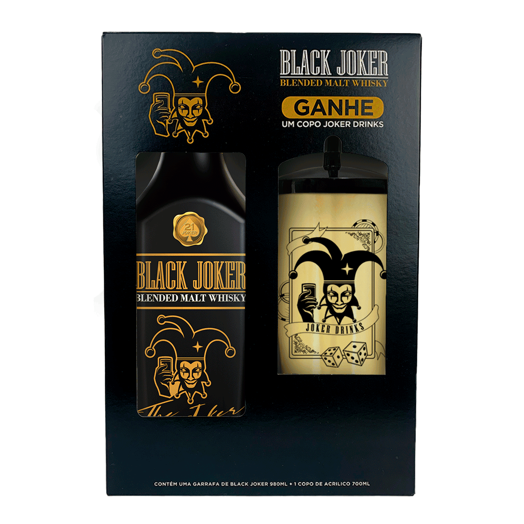 Kit Whisky Black Joker Original Pet 980ml c/ Copo Acrílico